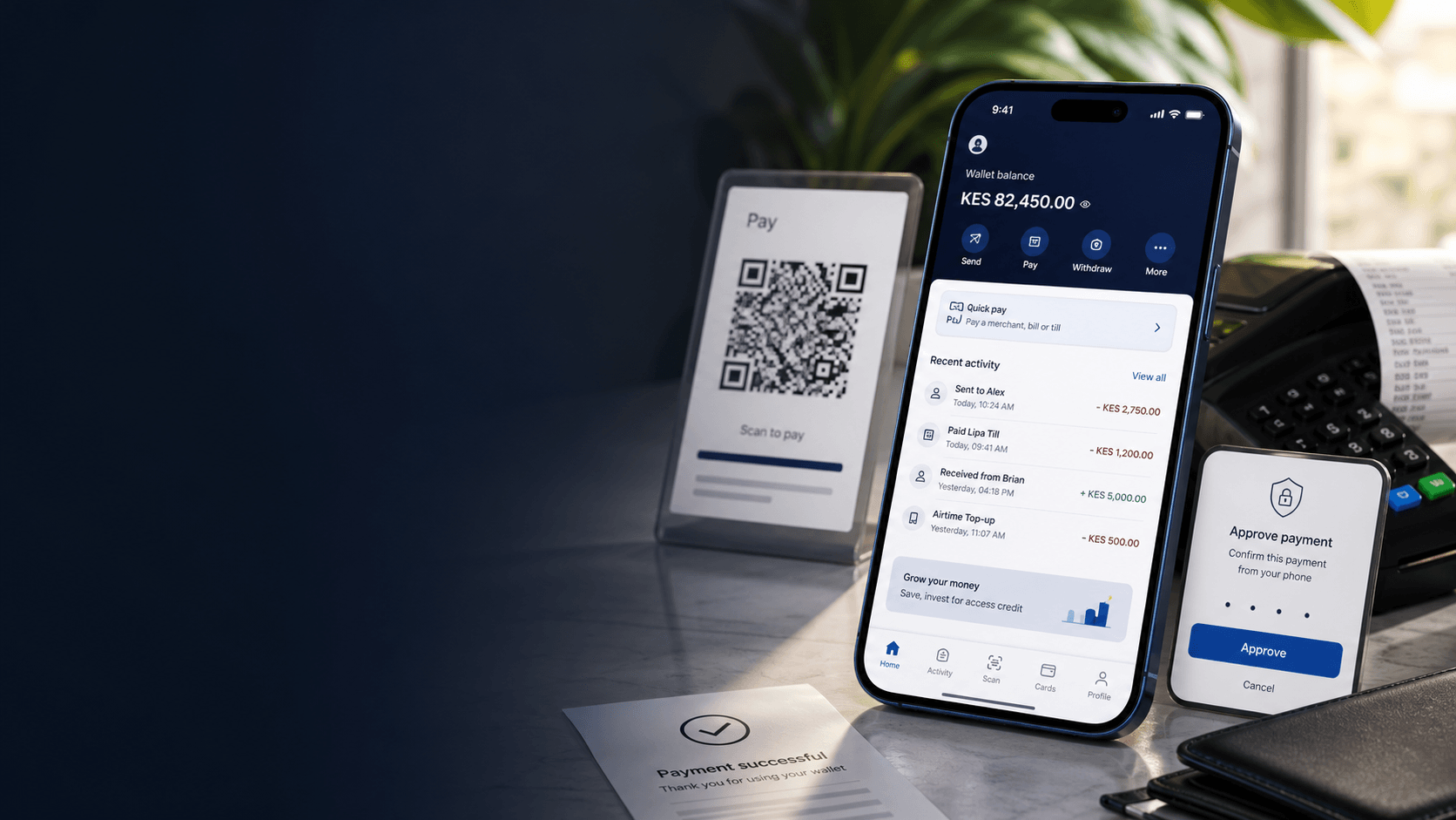 Fedha wallet, merchant checkout, receipt, and mobile approval preview
